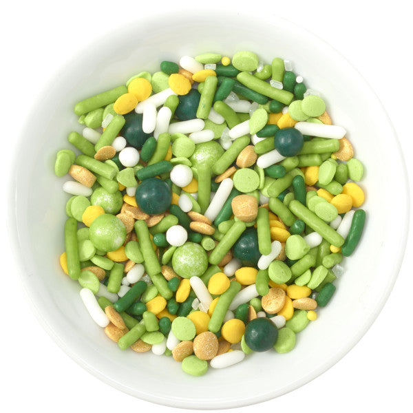 St. Patrick’s Day Sprinkle Blend featuring a festive mix of green, gold, and white sprinkles, quins, nonpareils, and pearls, perfect for decorating cupcakes and desserts.