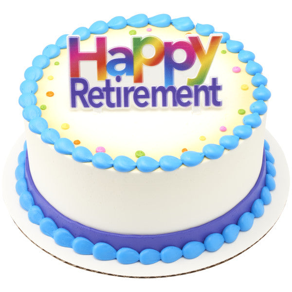Round white cake with blue trim and colorful confetti dots, topped with a rainbow "Happy Retirement" cake pick
