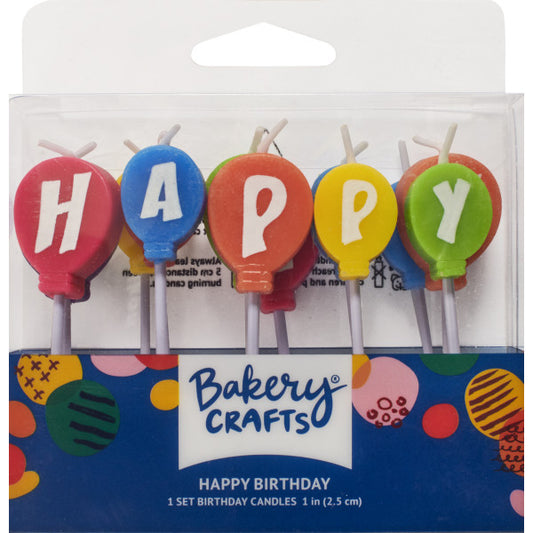 Bakery Crafts Happy Birthday candle set with colorful balloon-shaped candles spelling "HAPPY BIRTHDAY" in retail packaging