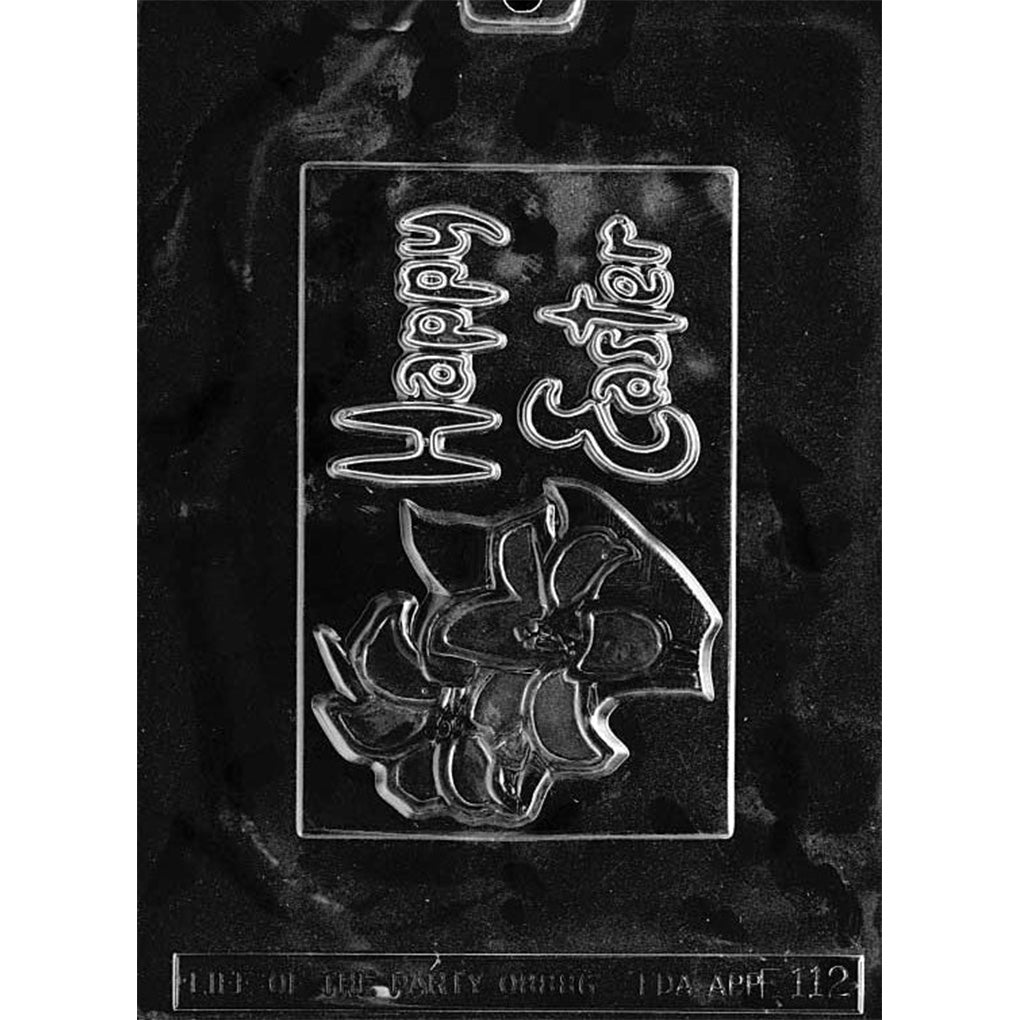 Clear plastic Happy Easter with lilies chocolate bar mold with one rectangular plaque cavity, featuring raised “Happy Easter” lettering above a large lily flower design.