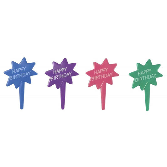 Vivid 'Happy Birthday' burst cupcake pick, featuring an explosion of colors and festive design, making it a delightful addition to any birthday cupcake or dessert.