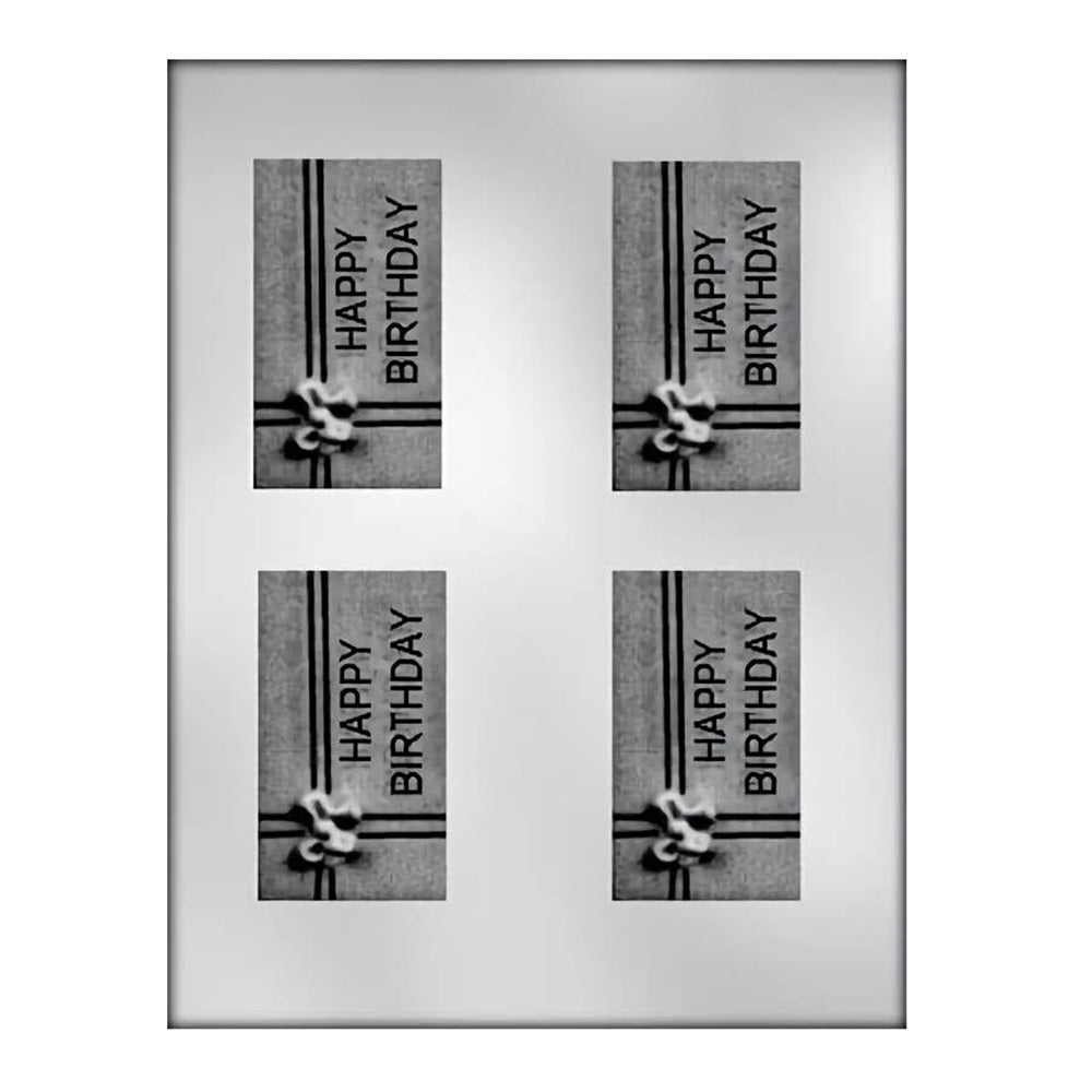 The image shows a chocolate mold designed to create four individual 'Happy Birthday' business card-sized chocolate bars. Each cavity features raised lettering that spells out 'Happy Birthday' in a clear, bold font set against a striped background texture, giving the final chocolate piece a professional and festive look.