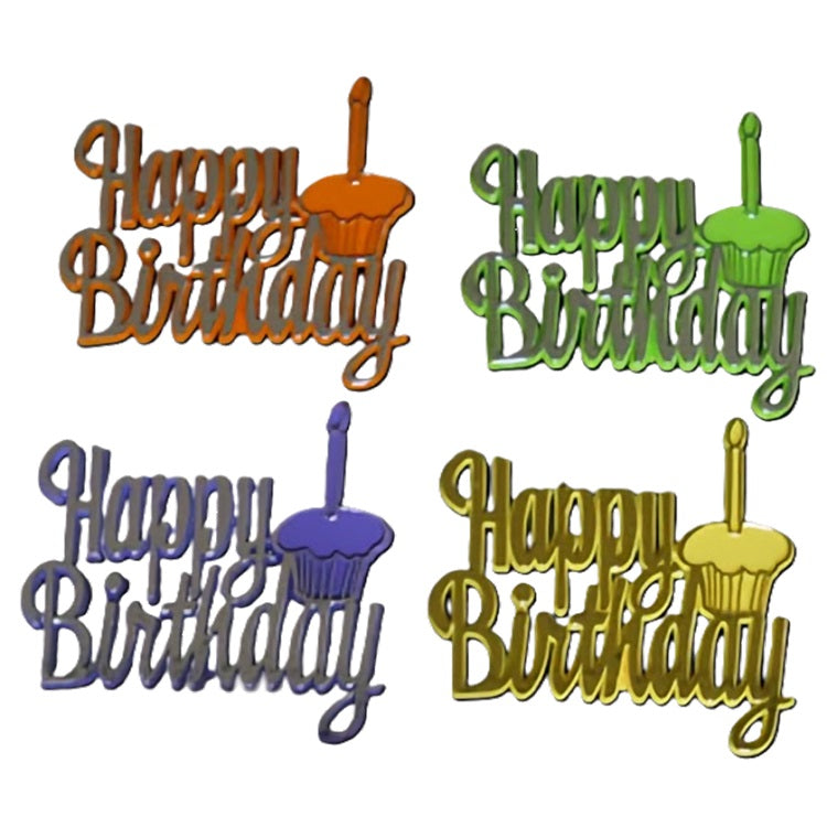 Happy Birthday cupcake topper plaques in assorted colors with cupcake and candle motifs, offering a fun and festive way to adorn cupcakes for birthday celebrations.