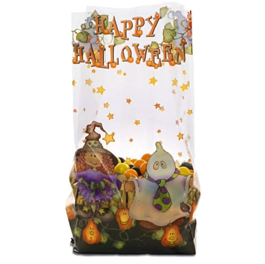 Halloween themed cello treat bags. The bags are transparent with the words happy halloween printed on top. Children dressed as scarecrows and ghosts are printed on the bottom of the bag