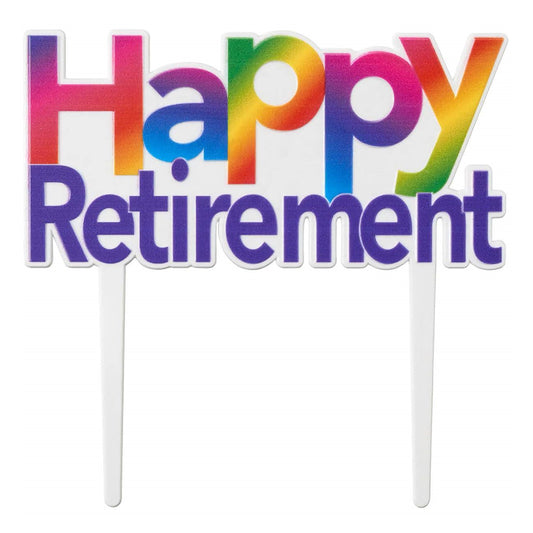 A cake topper pick with the message 'Happy Retirement' displayed in a rainbow gradient, celebrating a milestone with vibrant colors.