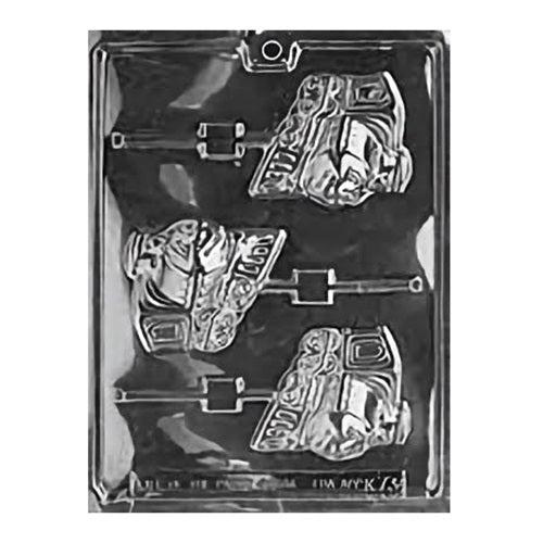 The image displays a chocolate mold designed to create sucker-shaped chocolates in the form of a happy train engine. There are three cavities, each intricately detailed to resemble the front view of a train with a smiling face, complete with engine details and a smokestack.