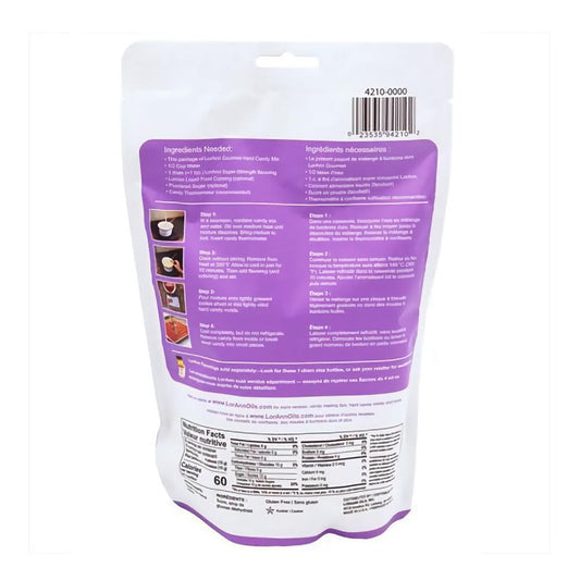 Instructional and nutritional information on the back of the LorAnn Hard Candy Mix package.