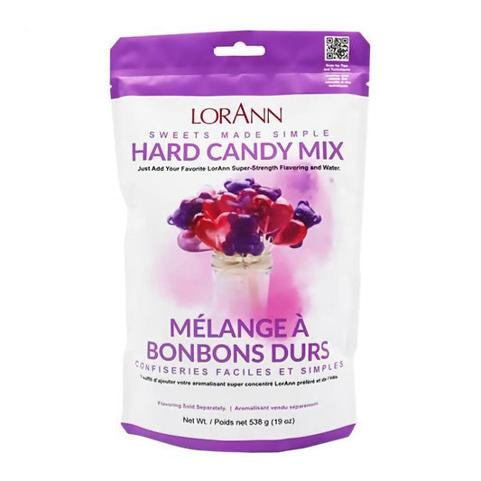 Front packaging of LorAnn Hard Candy Mix in a resealable purple and white pouch, featuring a colorful bouquet of candy.