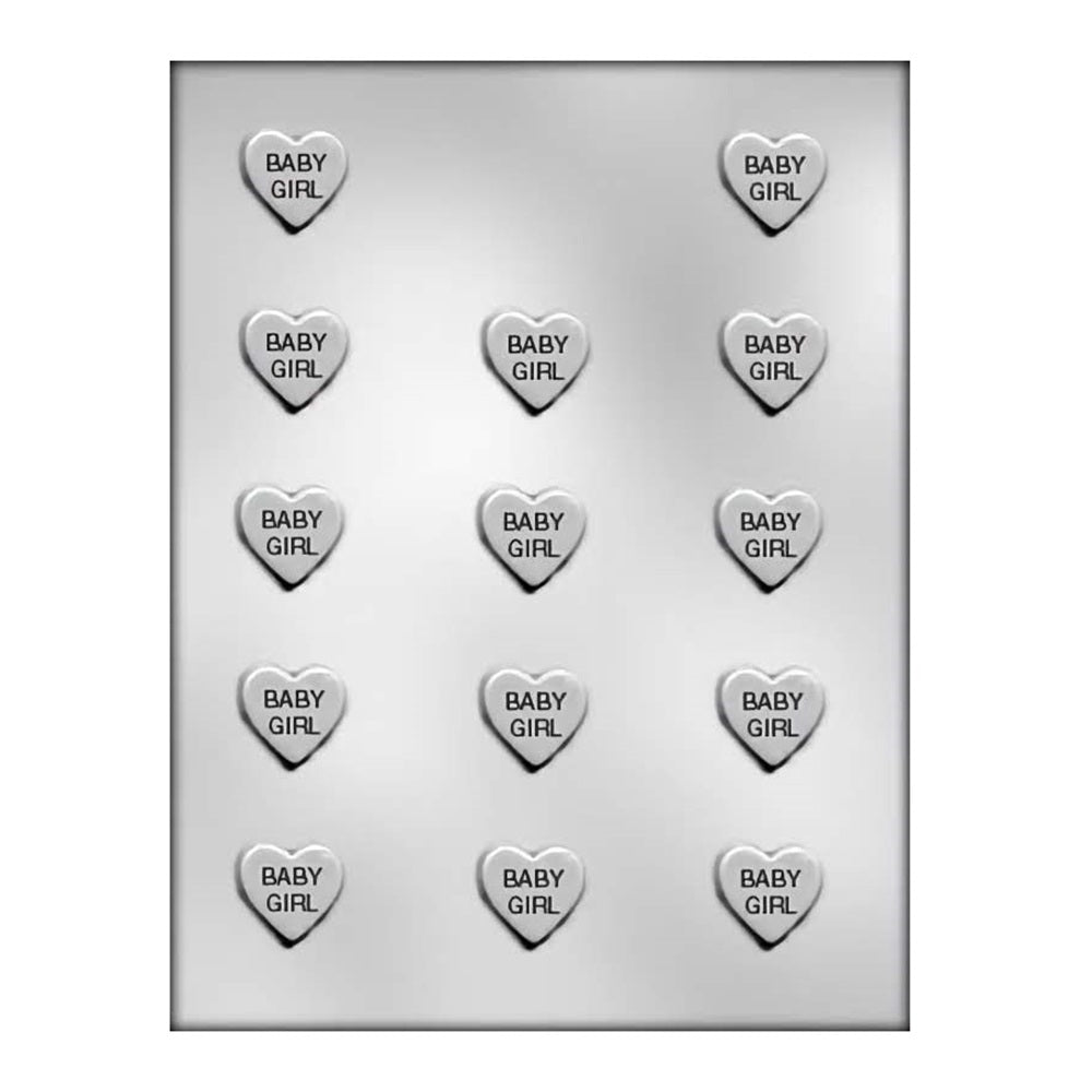A chocolate mold with fourteen heart-shaped cavities, each inscribed with 'Baby Girl', suitable for baby shower treats, christening favors, or to celebrate the arrival of a new girl in the family.