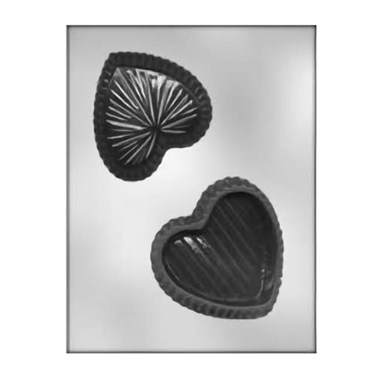 A two-cavity chocolate mold designed for making heart-shaped chocolate boxes. The top cavity features a decorative fan design, while the bottom cavity has a ribbed texture, ideal for forming the base of the heart-shaped chocolate box.