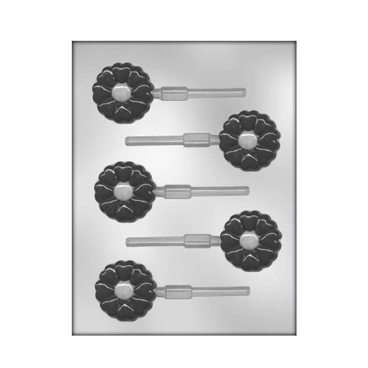 Chocolate sucker mold with five cavities, each designed as a flower made of heart-shaped petals, ideal for creating floral-themed chocolate lollipops.