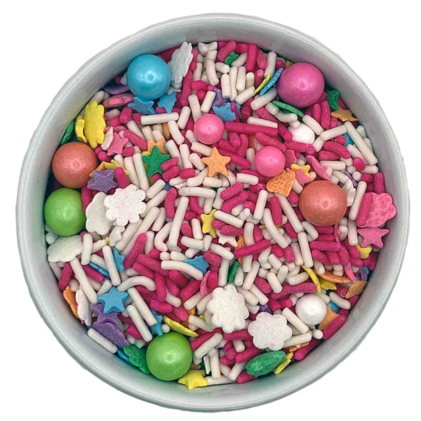 A bowl of colorful sprinkles featuring pink sugar pearls, larger pink, blue, and green sixlets, and spring-themed shapes like stars and clouds, perfect for decorating desserts.