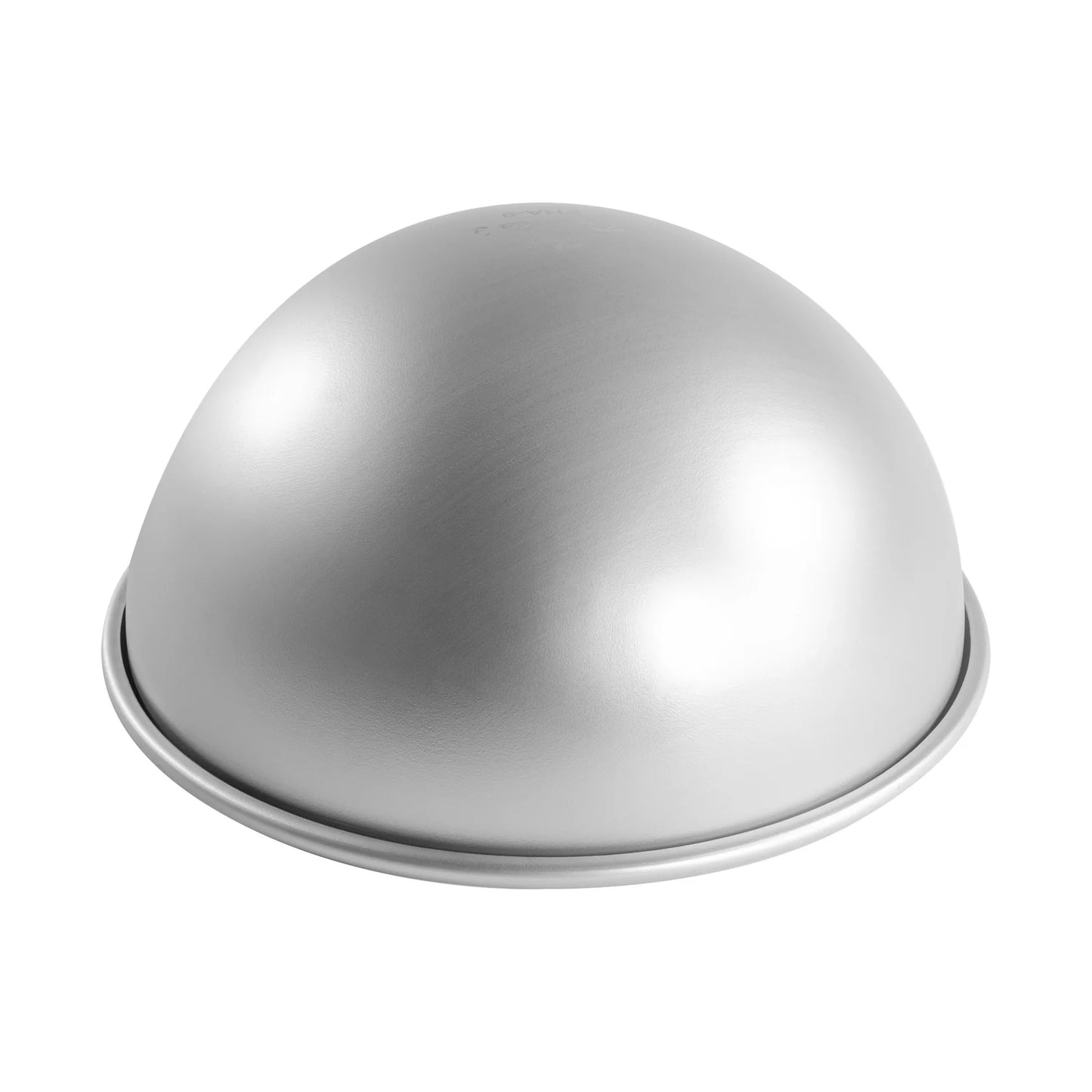 Silver anodized aluminum hemisphere cake pan with a smooth dome shape and a wide rim, shown on a white background.