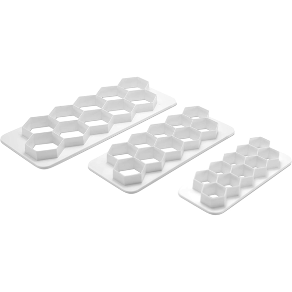 Ateco 3-piece hexagon fondant cutter set, featuring three white plastic cutters with multiple hexagonal cutouts for uniform designs.