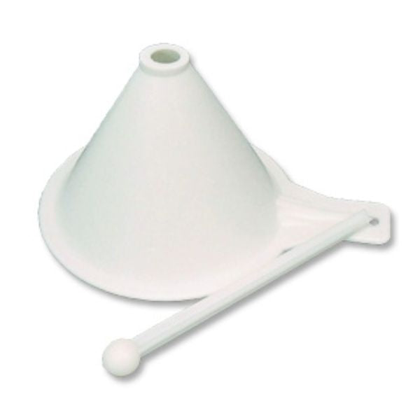 White high-heat candy funnel with a conical bowl and side handle, shown with matching control rod featuring a rounded tip; designed for precise pouring of caramel, hard candy, jelly, and chocolate.