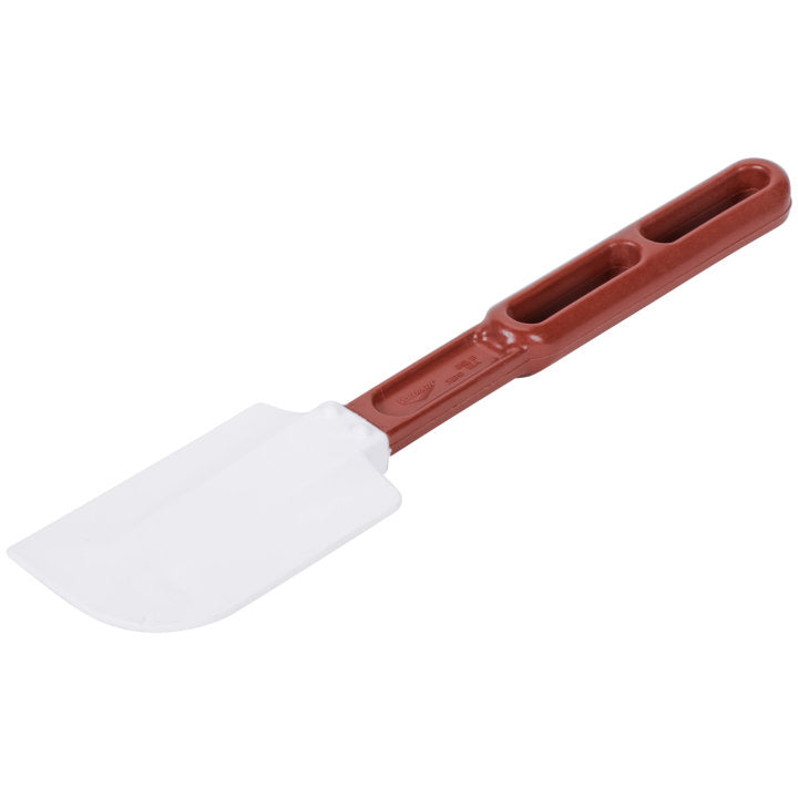 Vollrath 52010 10-inch high-temperature spatula with a white silicone blade and maroon nylon handle, designed for heat resistance and durability.