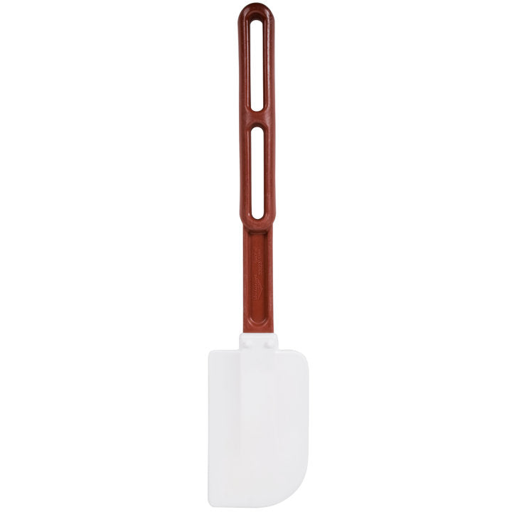 Vollrath 52023 13.5-inch high-temperature spatula with a white silicone blade and maroon nylon handle, designed for heat resistance and durability.
