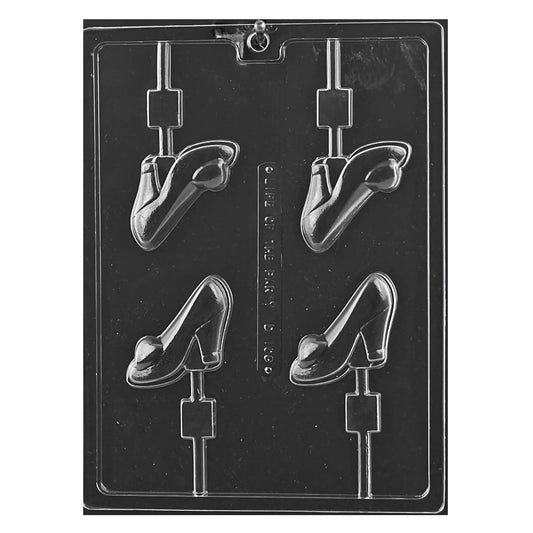 Clear plastic lollipop mold sheet with four high heel shoe cavities, rounded-toe pumps with small bow detail and built-in stick channels; glossy surface; each cavity about 2 x 2 x 1/2 inches; fashion-themed chocolate mold.