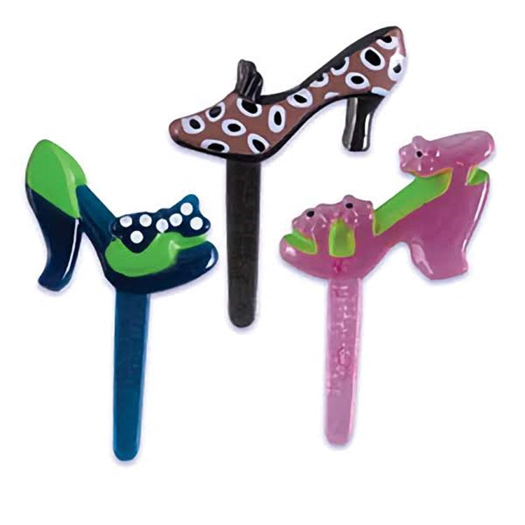 A variety of high-heeled shoe cupcake toppers in playful colors and designs, featuring polka dots and peep-toe details, perfect for adding a fashionable flair to desserts at Lynn's Cake, Candy, and Chocolate Supplies.