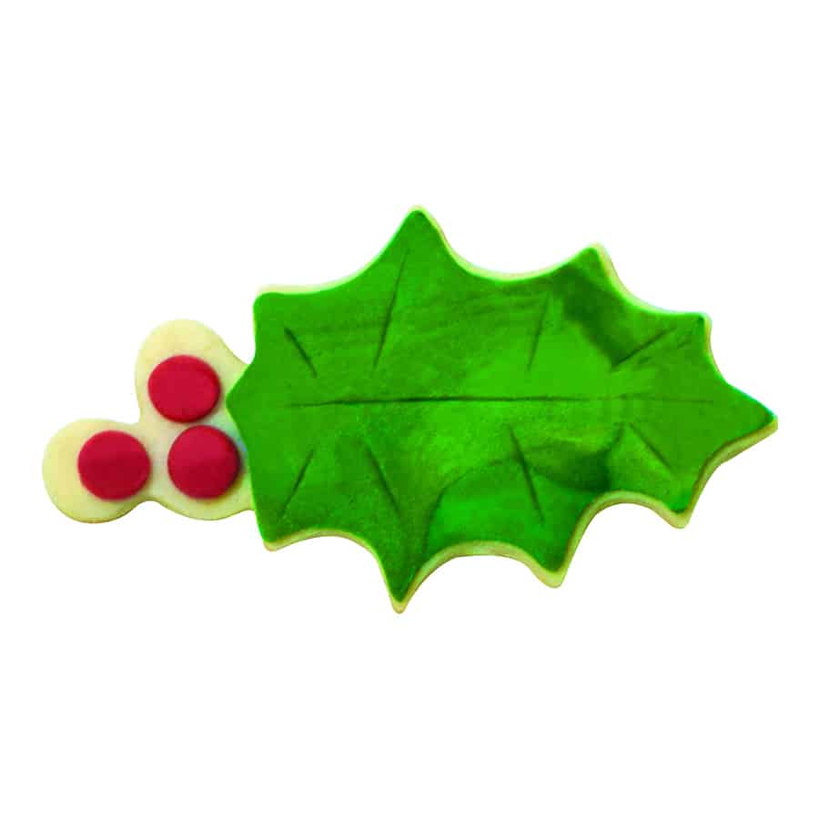 Decorated holly leaf cookie with green icing and three red holly berries.