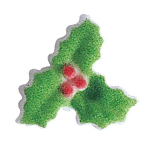 Holly Sugar Pressed Sugar Decoration with green leaves and red berries, perfect for holiday-themed dessert toppings.