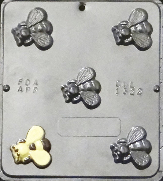 Clear plastic chocolate mold with five large bee-shaped cavities arranged across an 8 x 9 inch sheet; each bee about 2 x 2 inches with ribbed wings, rounded body, and stripe details for painting; honey bee chocolate mold for themed treats and party favors.