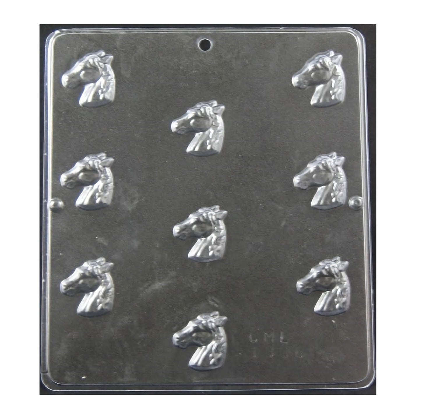Chocolate mold with nine cavities, each shaped into a detailed horse head with a mane cascading to one side. The mold design captures the noble profile of the horse's head, offering a realistic and elegant appearance for each chocolate piece. This mold is perfect for horse enthusiasts or for creating themed treats for equestrian events and parties.