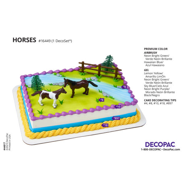 Product info card featuring decorated cake with horses cake topper set and suggested airbrush and gel colors.