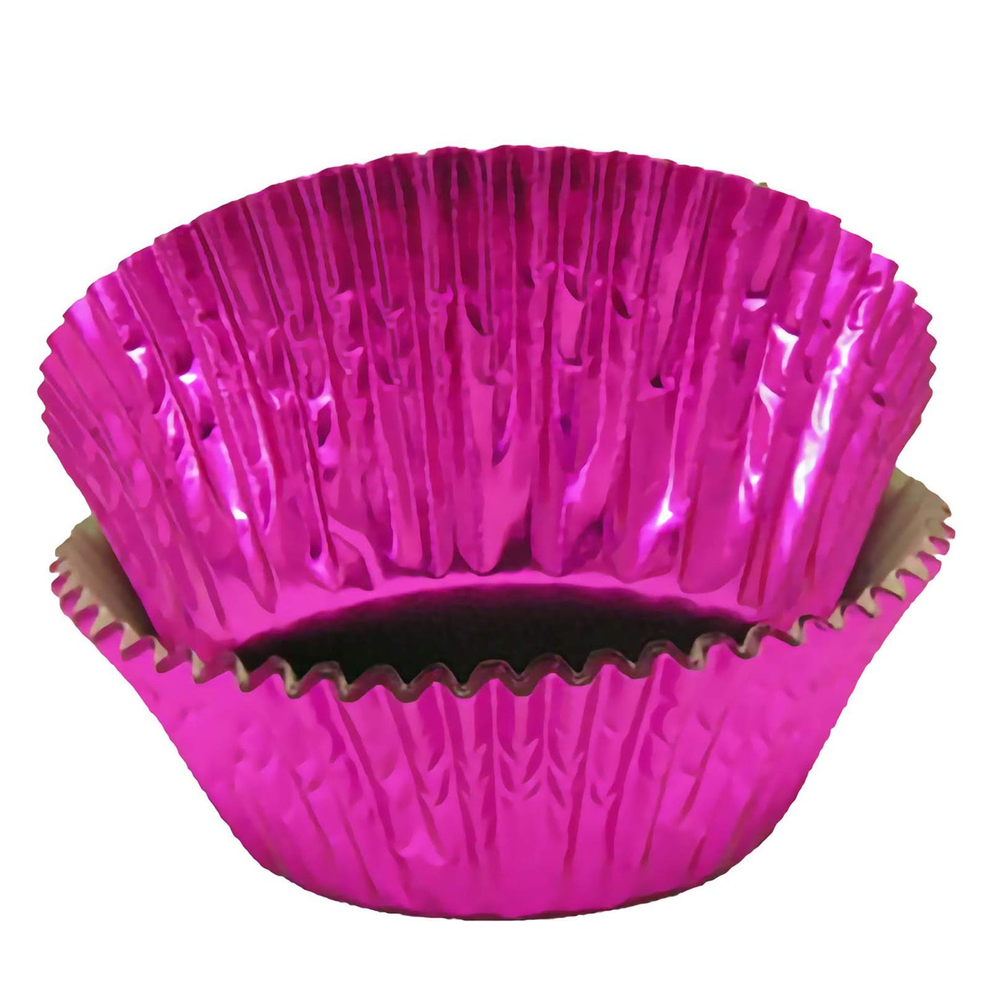 Standard-sized hot pink foil baking cups, stacked neatly with a shiny, reflective surface. The cups have a bright, vibrant pink color that adds a pop of color to any cupcake display.