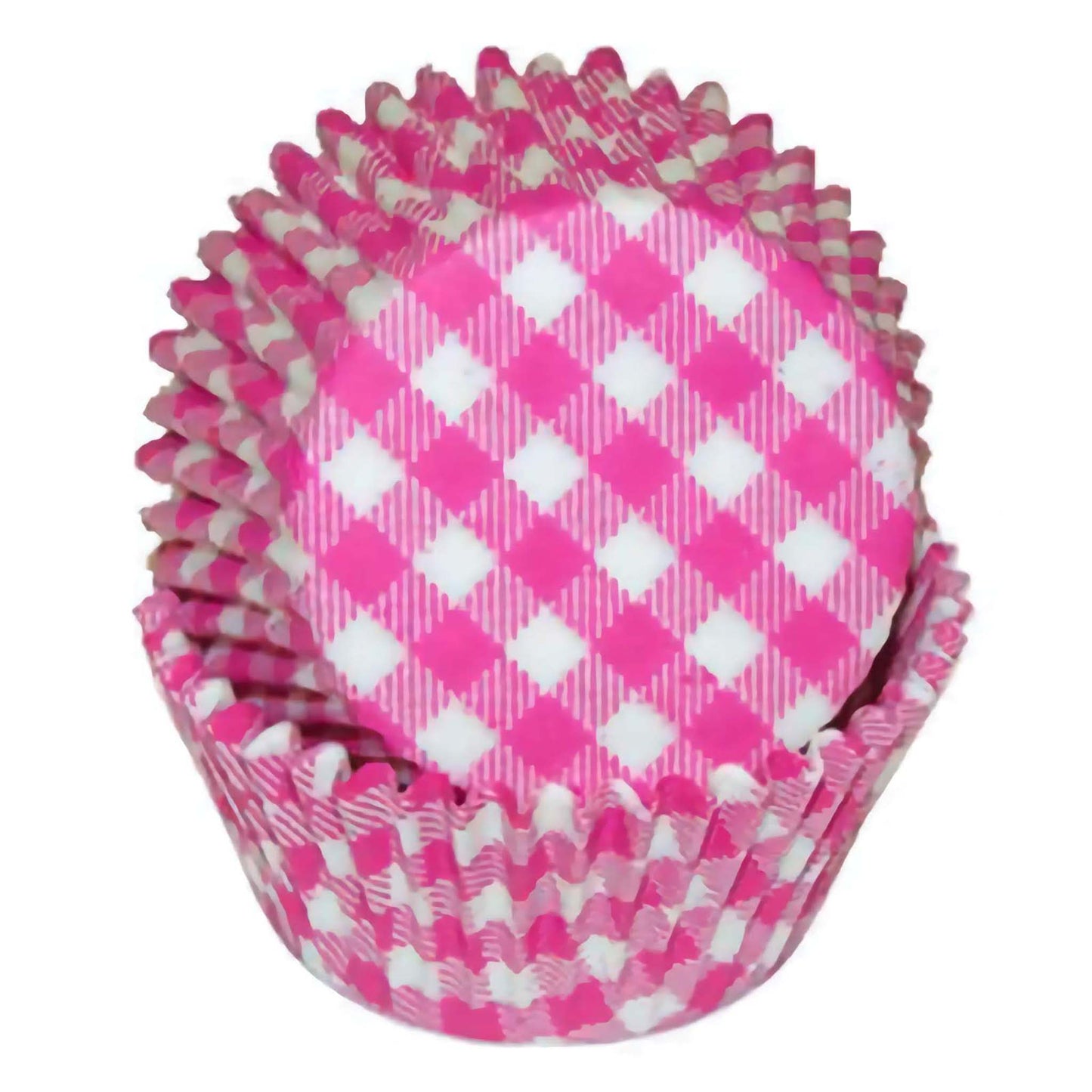 Hot pink gingham baking cup, standard size, 36 count. Features a pink and white checkered pattern, stacked in a nesting arrangement.