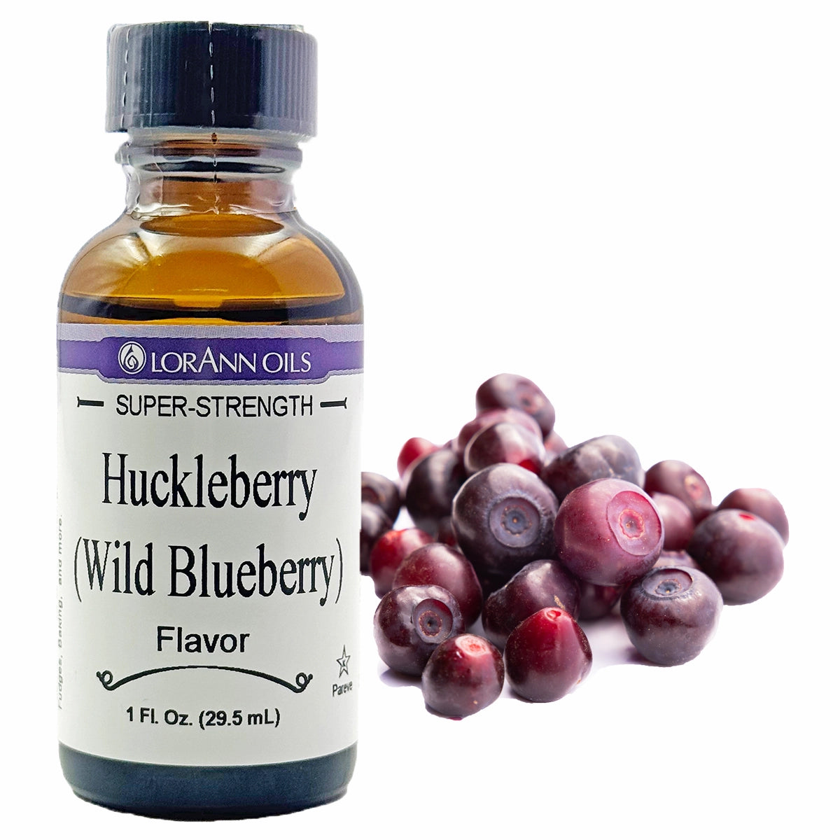 LorAnn Oils Super-Strength Huckleberry (Wild Blueberry) flavor bottle with a purple label and black cap next to a pile of dark purple wild berries on a white background