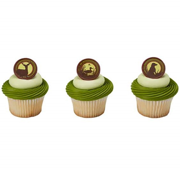 An assorted set of hunting-themed cupcake topper rings, including designs like a hunter's hat, duck, and deer in a silhouette, excellent for a hunting enthusiast's birthday or a camouflage-themed party.