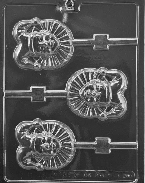 Image shows MARDI GRAS JESTER Lollipop mold with a smiling jester face featuring classic hat and festive shape.