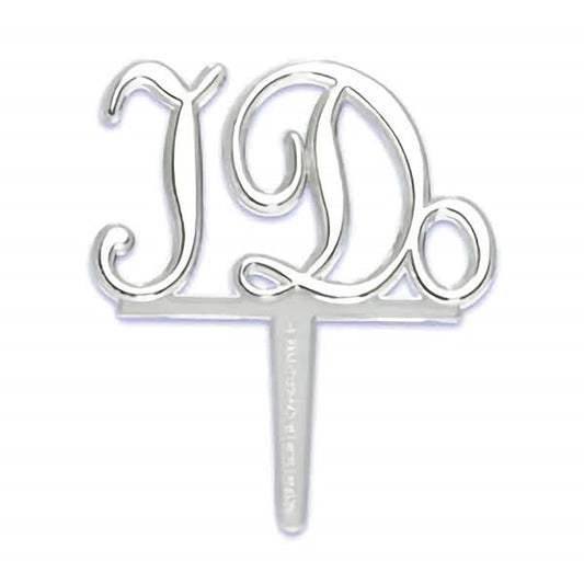 Silver 'I Do' scripted cupcake pick, a whimsical accessory perfect for engagement party desserts, wedding shower treats, or as a sweet statement on wedding day confections.