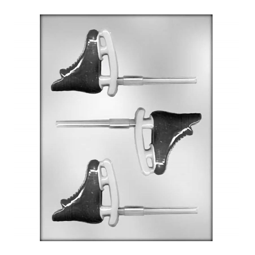 Chocolate mold designed for crafting ice skate-shaped lollipop treats, ideal for themed parties or winter event favors.
