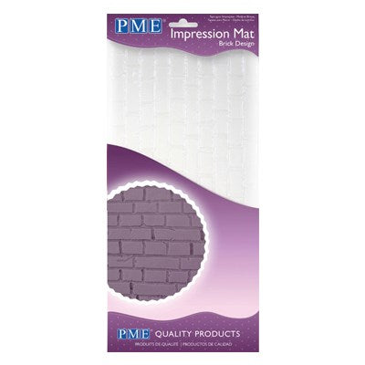 PME Brick Design Impression Mat in packaging with sample purple brick fondant texture.