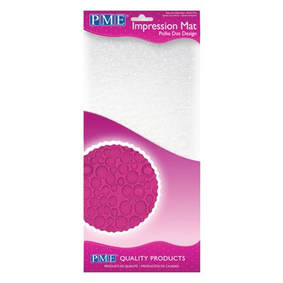 PME Impression Mat Polka Dot Design in packaging with sample pink fondant texture preview.