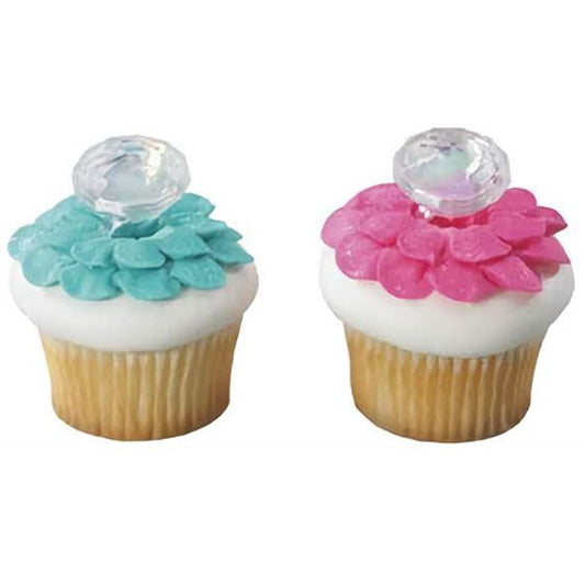 Set of iridescent diamond ring cupcake toppers, adding a touch of sparkle and whimsy to engagement celebrations, bridal showers, or bachelorette party cupcakes.