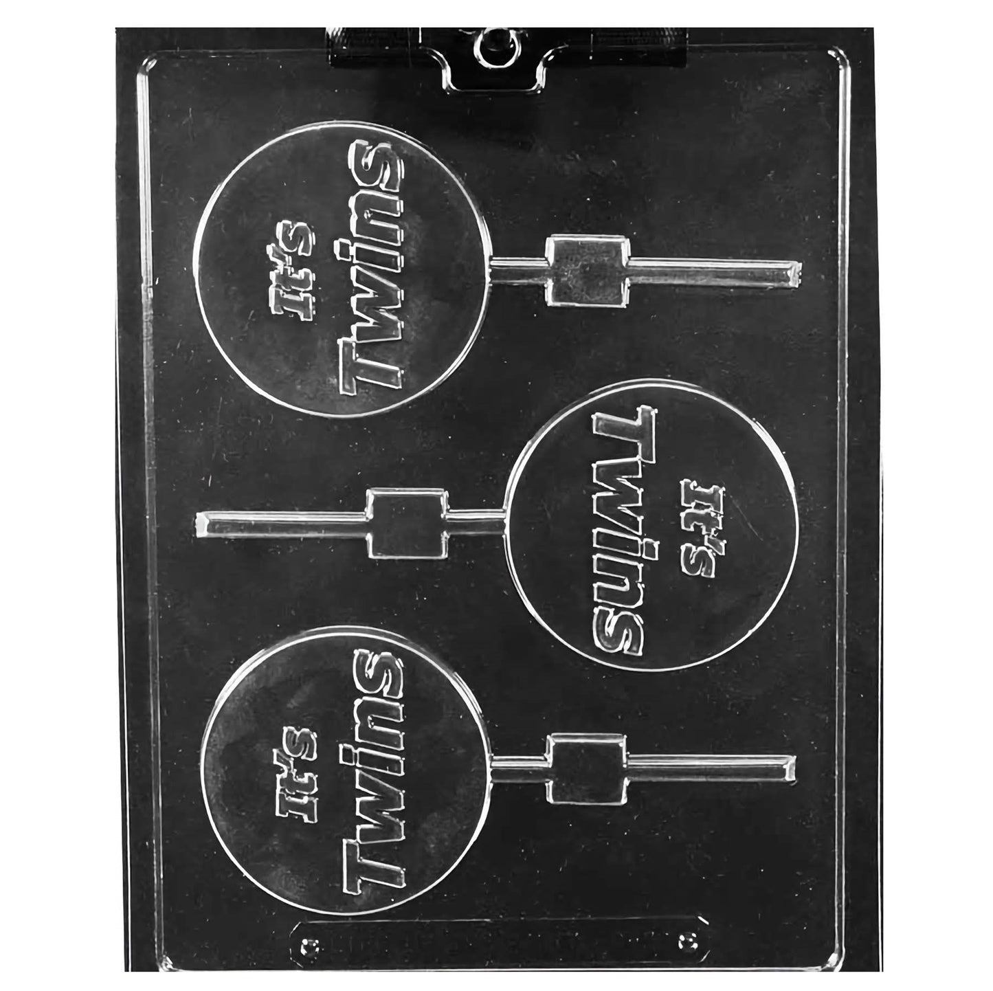 Celebrate the double joy of twins with this playful lollipop mold, which spells out the announcement amidst a backdrop of stars, making for a delightful surprise at a baby shower or a congratulatory gift for new parents.