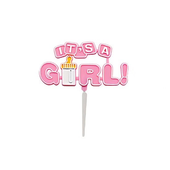 A pink cupcake pick with the words 'It's a Girl!' and an image of a baby bottle, perfect for gender reveal parties or baby shower decorations.