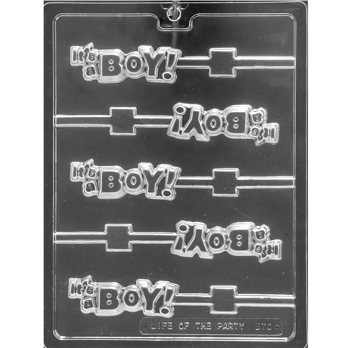 Clear plastic chocolate lollipop mold with six “It’s a Boy!” message cavities and attached stick channels.