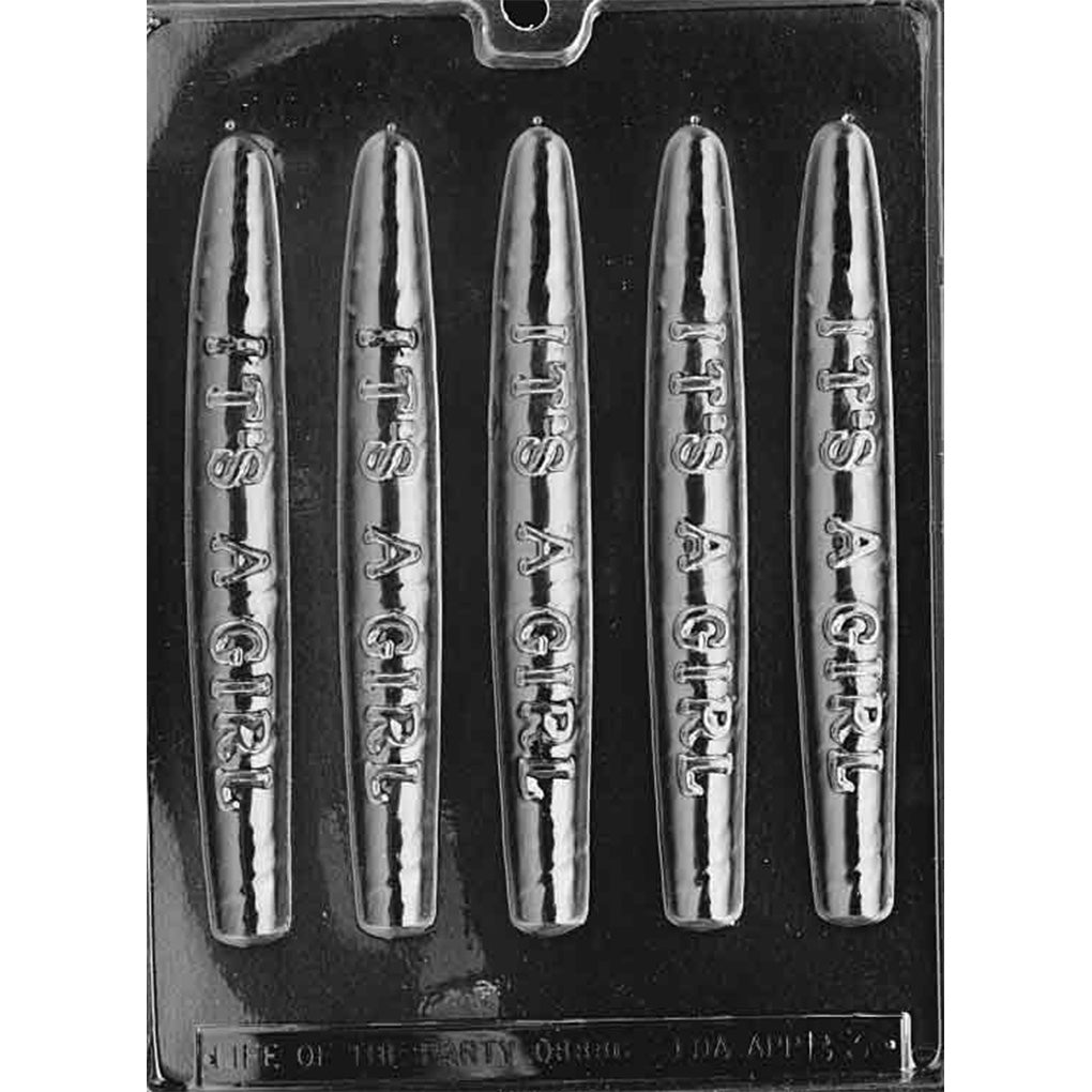 Clear chocolate mold with five long cigar-shaped cavities, each featuring the words IT’S A GIRL molded across the front.