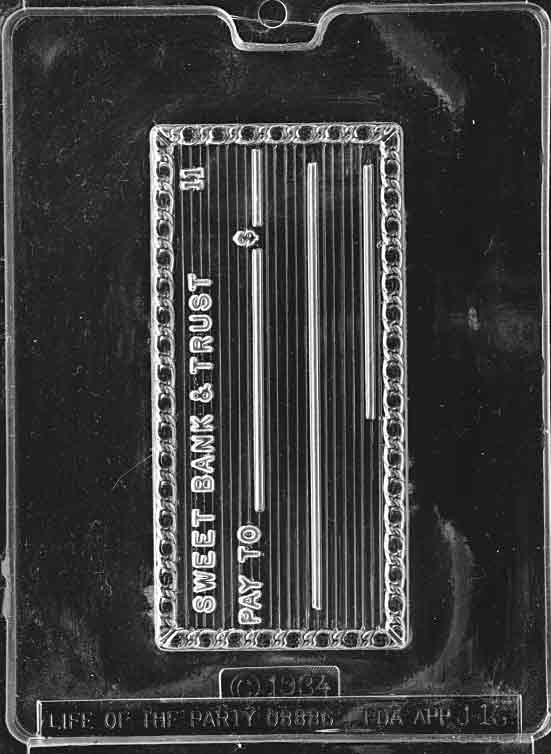 Image shows CHECK mold with rectangular cavity and raised lines mimicking a paper check layout.