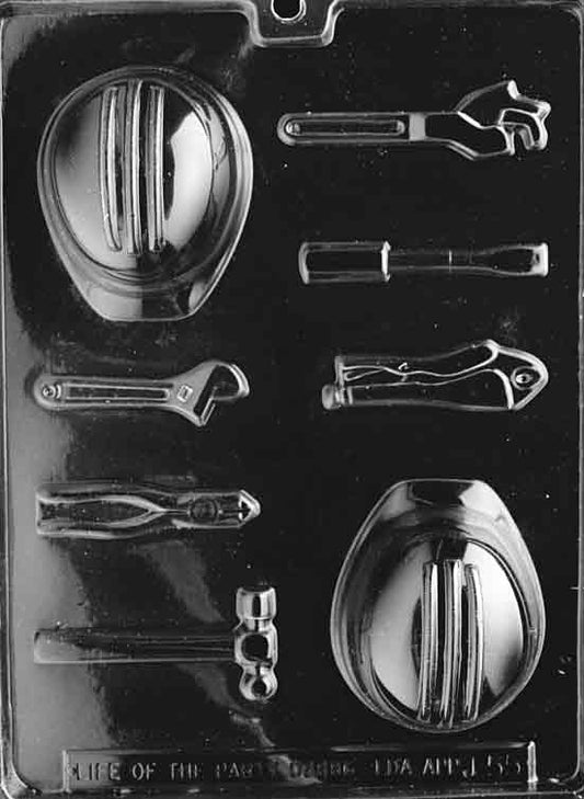Image of HARD HAT TOOLS mold with detailed shapes like a hard hat and hammer.