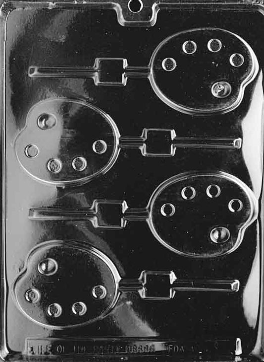 Image of PALETTE Lollipop mold with round palette shape and chocolate stick base.