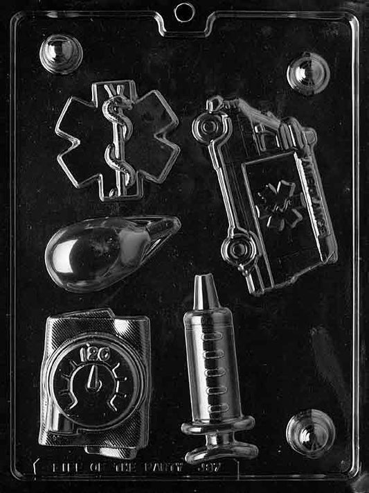 Image of EMS KIT mold showing emergency medical symbols and gear-themed chocolate shapes.