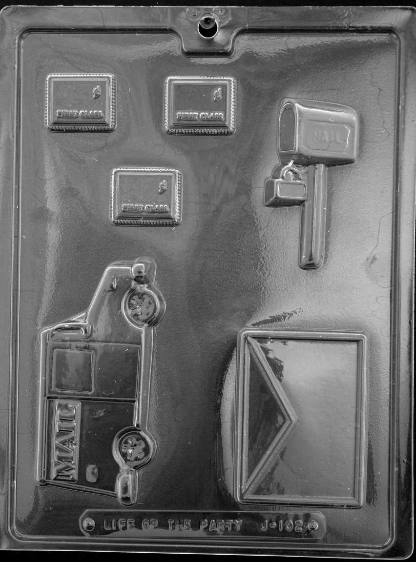 Image of MAIL KIT chocolate mold featuring truck, mailbox, envelope, and stamp-shaped cavities.
