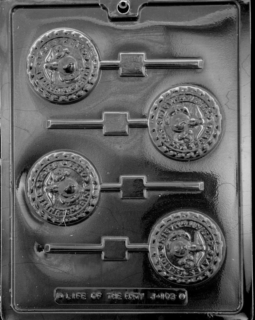 Image of MARINE Lollipop mold showing a rectangular chocolate cavity with military design.