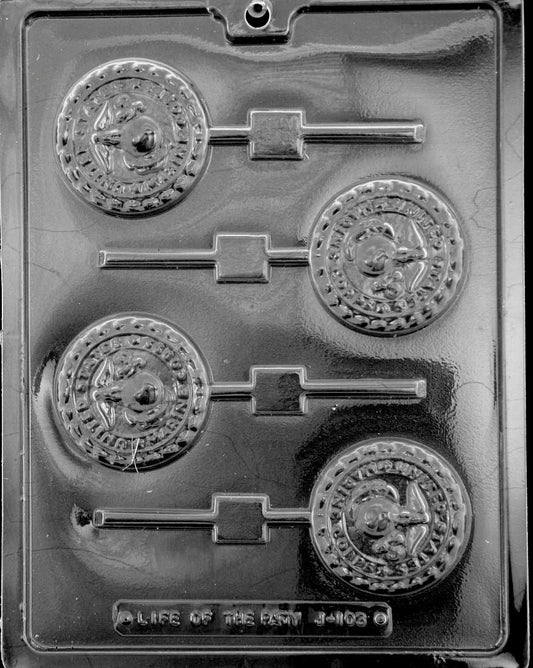 Image of MARINE Lollipop mold showing a rectangular chocolate cavity with military design.