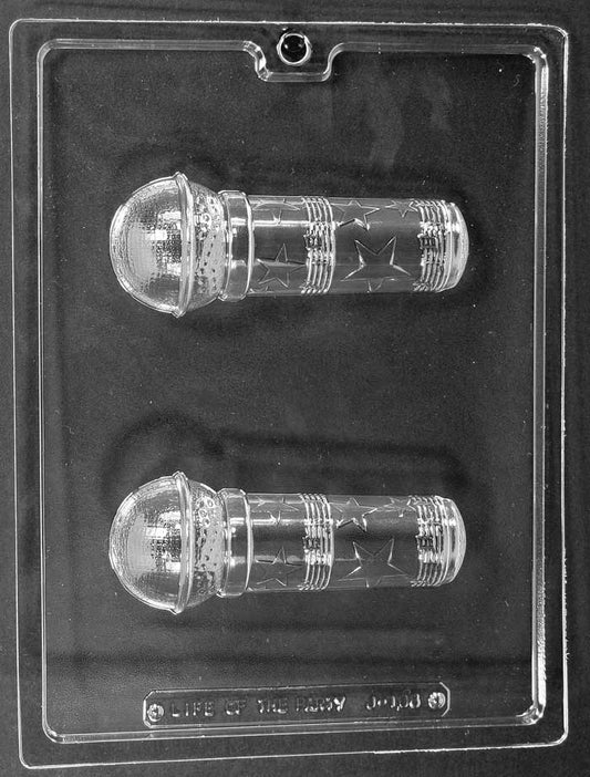 Image of 3D MICROPHONE mold with full chocolate microphone cavity, showing curved shape and textured top.
